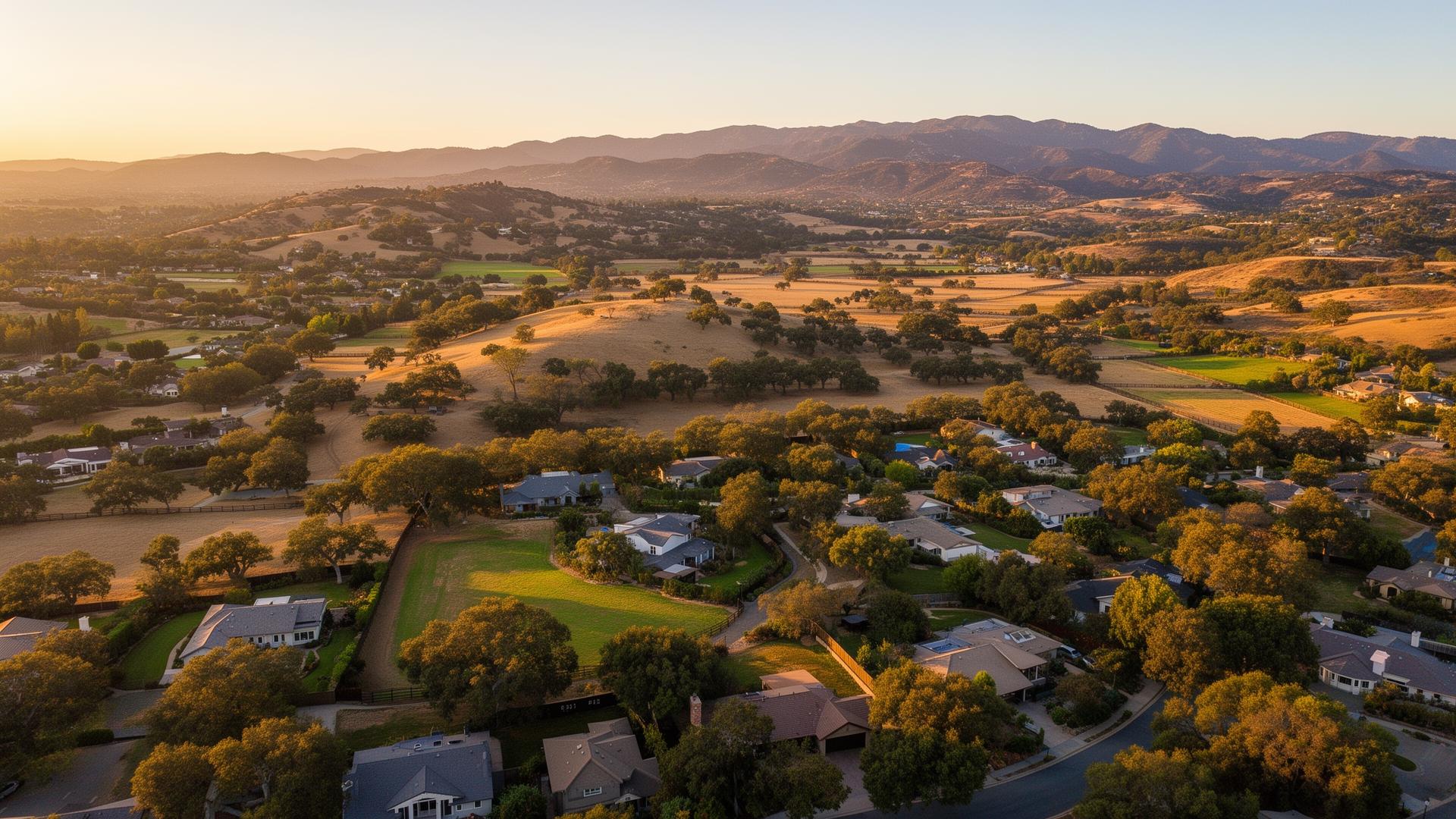 Aerial view of Poway suburban neighborhood with rolling hills at golden hour